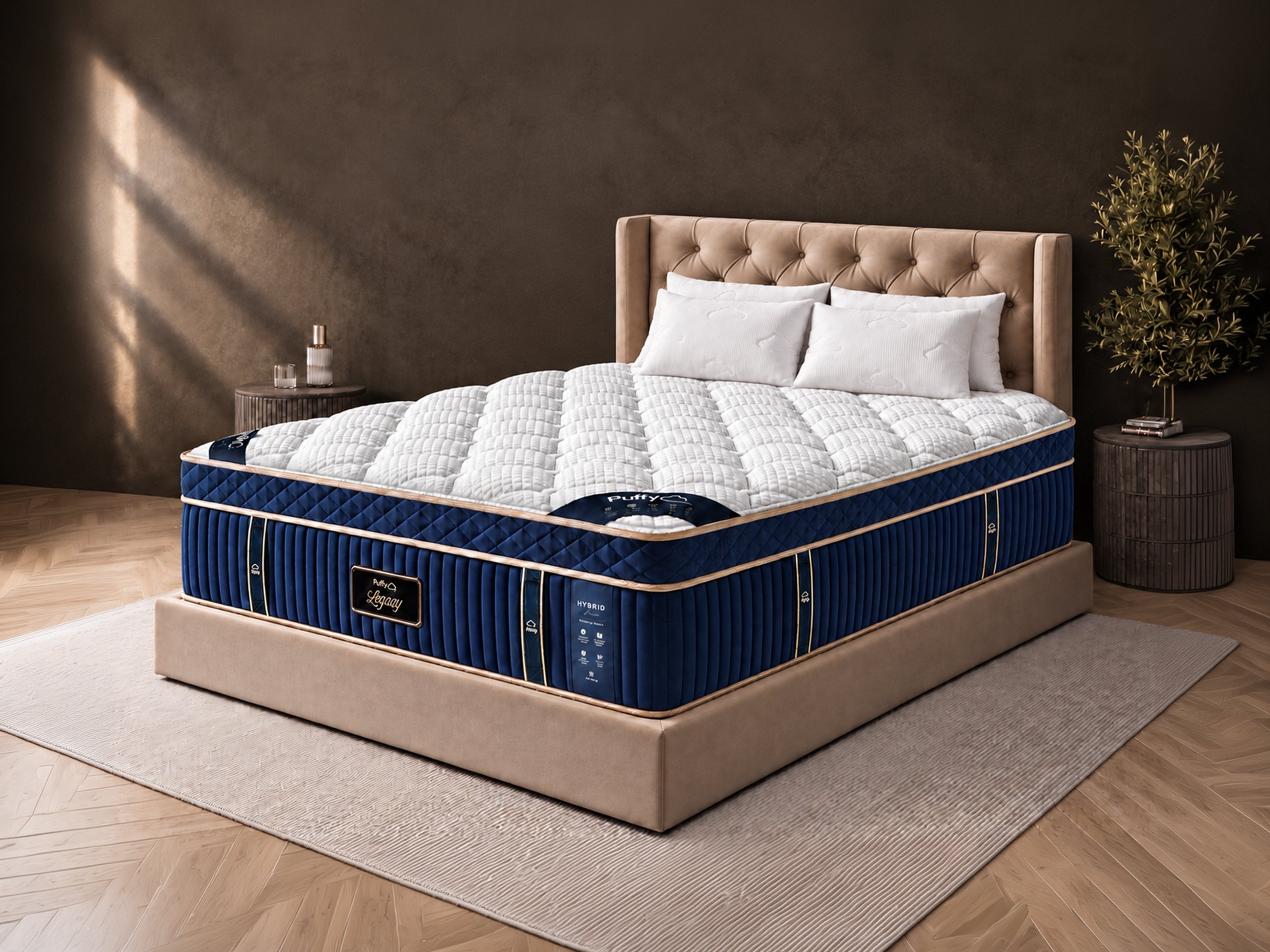 Puffy Legacy Hybrid Mattress on a bed frame, side angle view