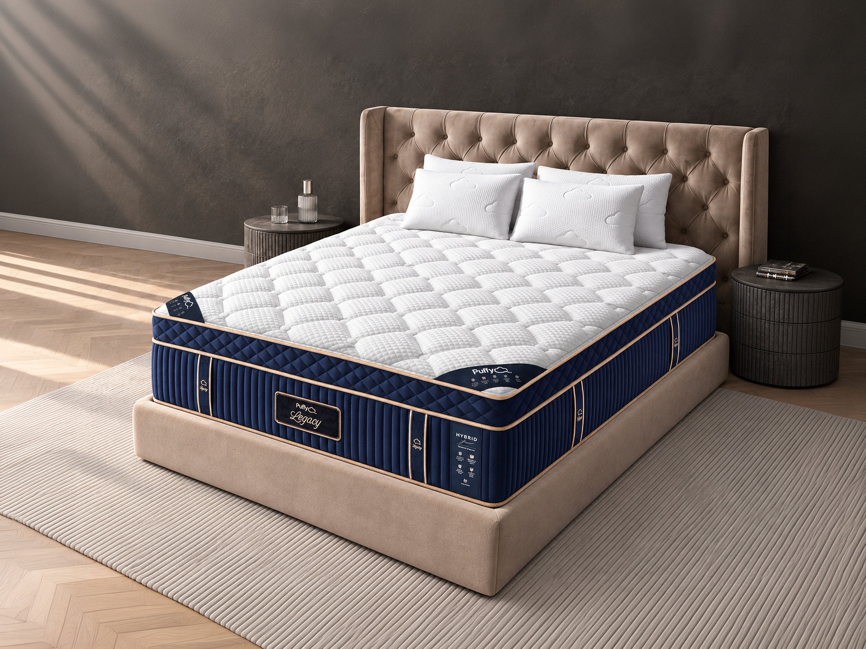 Puffy Legacy Hybrid Mattress with hand-tufted quilted top, elevated view