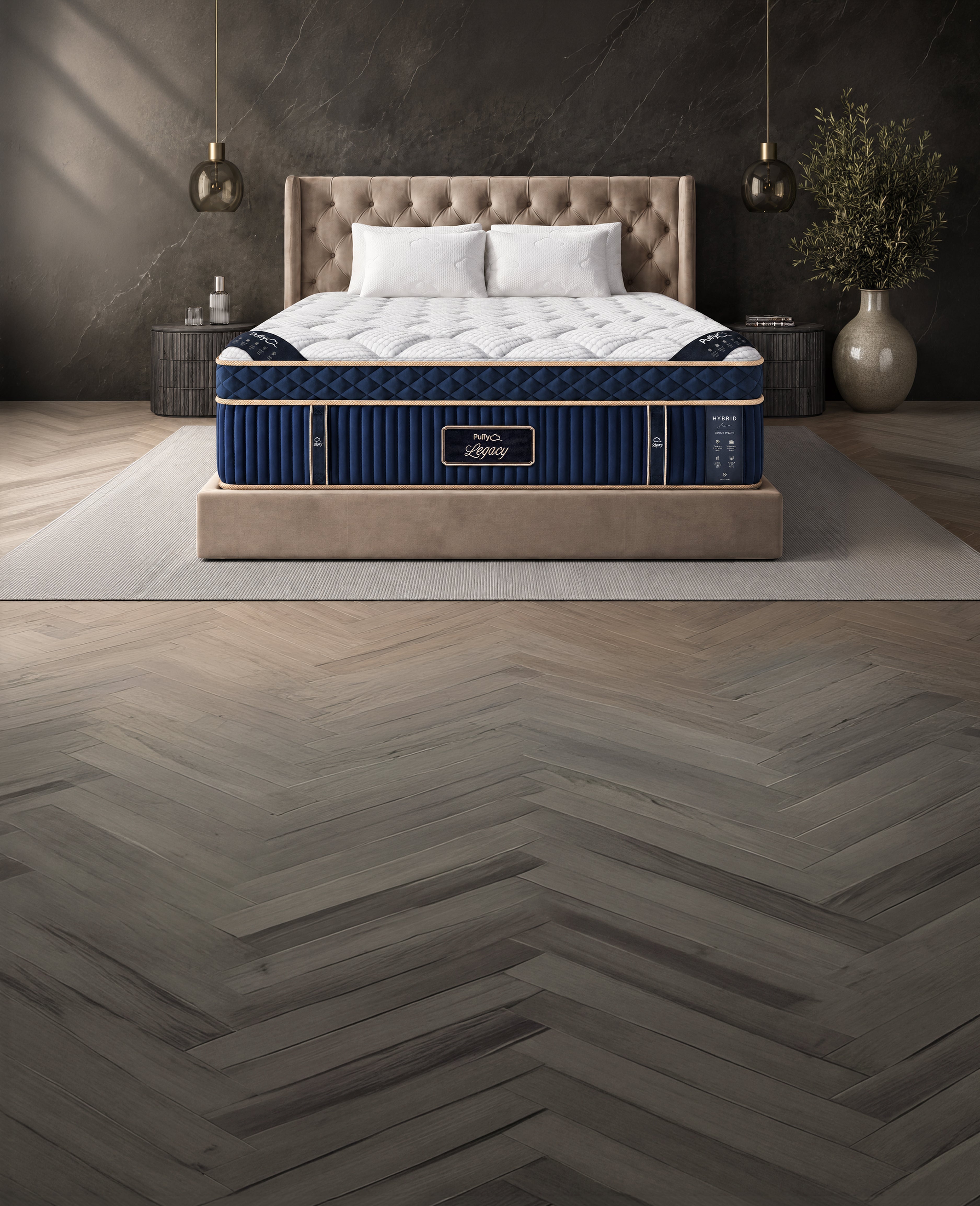 Puffy Legacy Hybrid Mattress front view in a bedroom