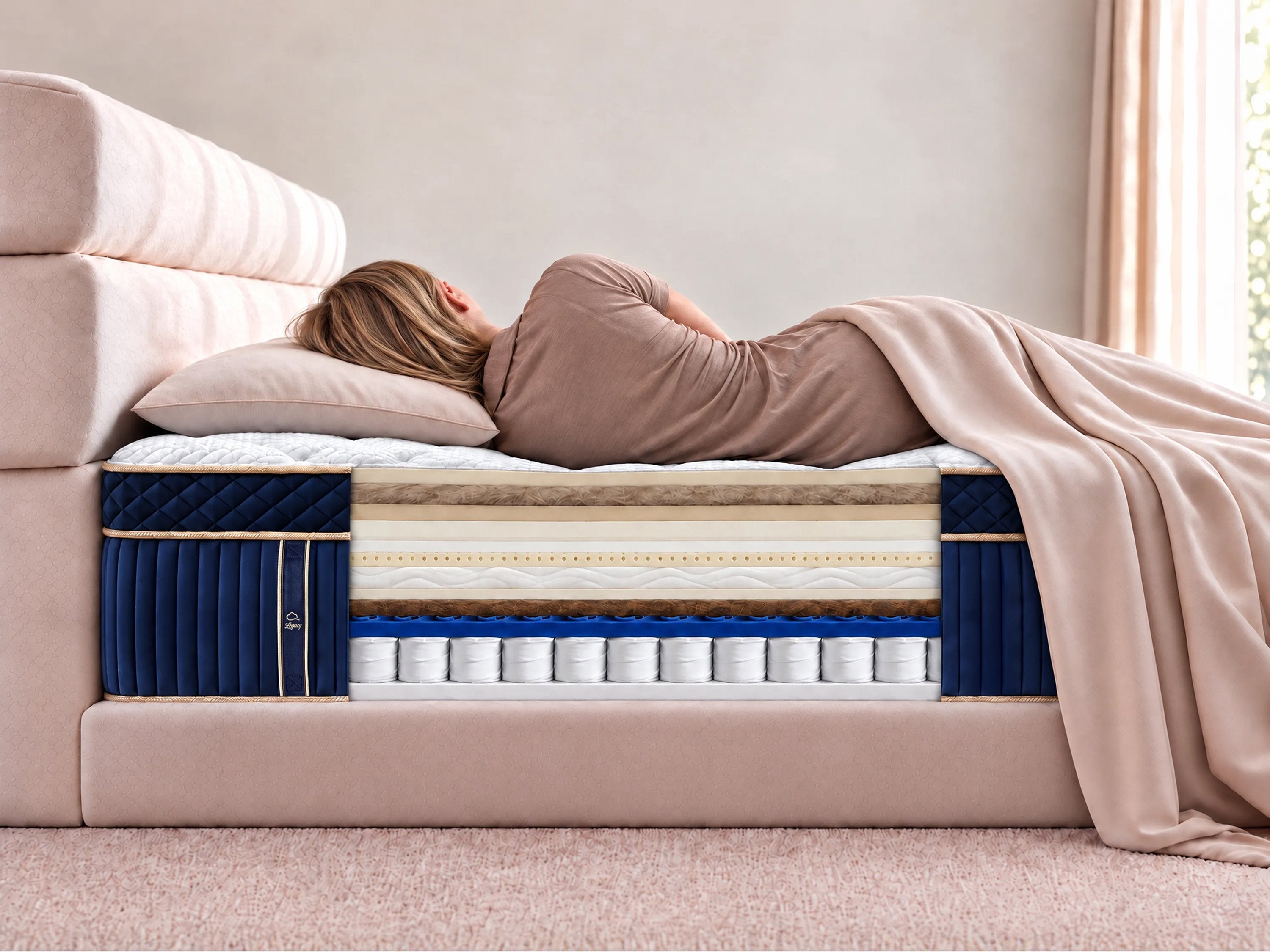 Sleeper on the Puffy Legacy Hybrid showing back support layers